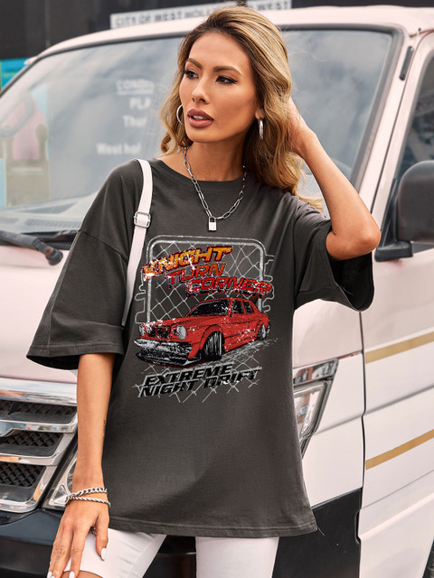 

URBANIC Women Grey & Red Graphic Print Pure Cotton Drop-Shoulder Sleeves Loose T-shirt