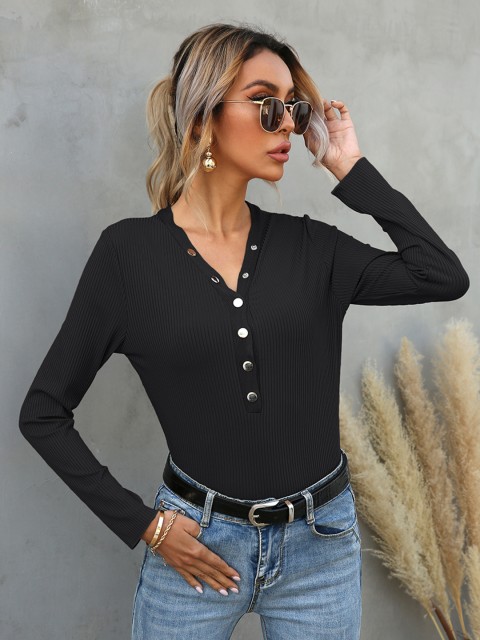 

URBANIC Women Black Ribbed Henley Neck T-shirt