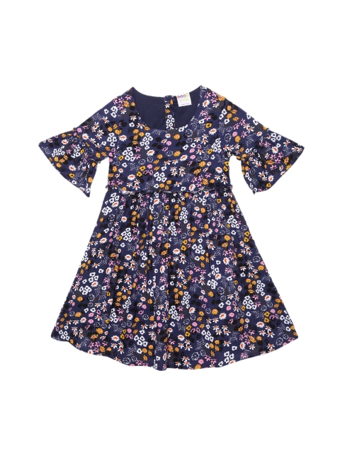 

ZION Navy Blue Floral Printed Bell-Sleeve Casual Dress