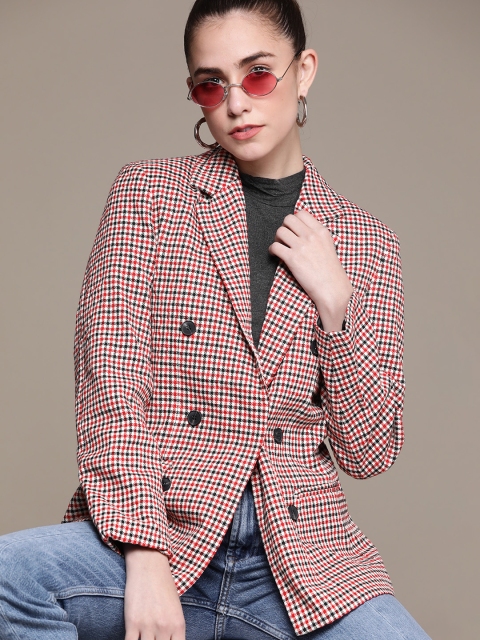 

URBANIC Women Red & Black Checked Double-Breasted Casual Blazer