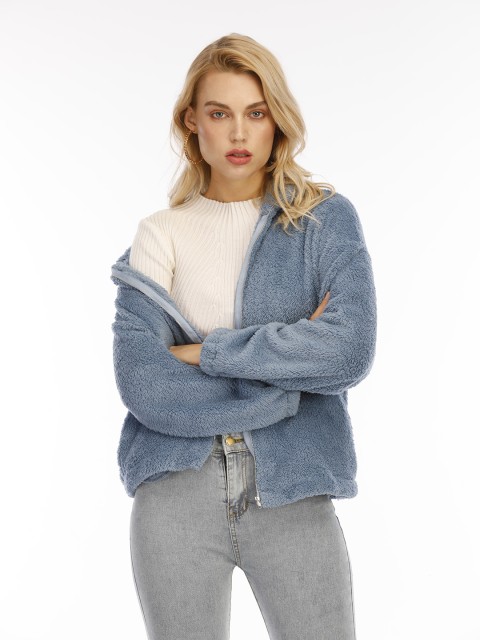 

URBANIC Women Blue Solid Extra Relaxed Fit Faux Fur Jacket