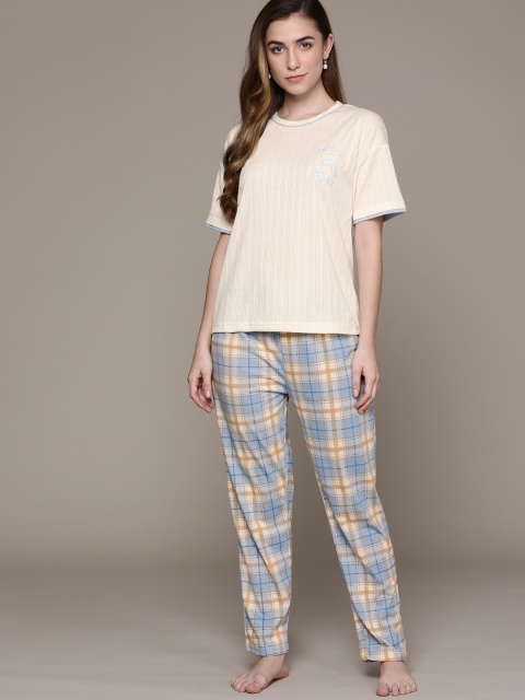 

URBANIC Women Beige & Blue Cotton Self-Striped Pyjama Set