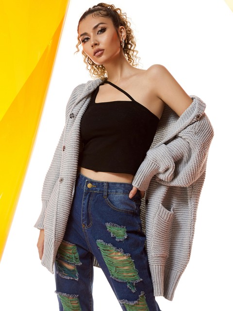 

URBANIC Women Grey Solid Knitted Longline Hooded Cardigan