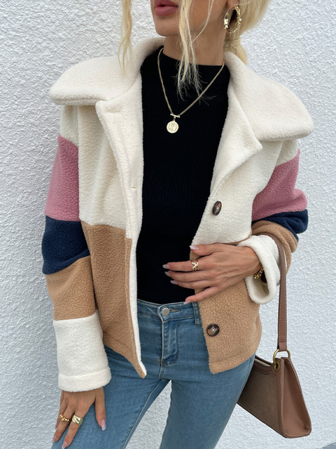 

URBANIC Women Off-White & Brown Colourblocked Faux Fur Trim Overcoat