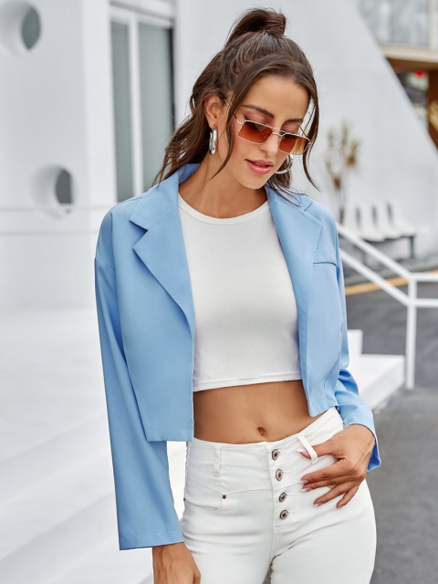

URBANIC Women Blue Solid Open-Front Crop Blazer