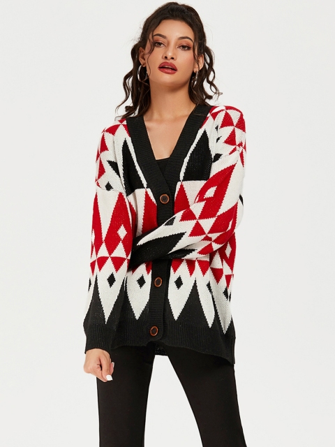

URBANIC Women White & Red Geometric Patterned Extra Relaxed Fit Longline Cardigan