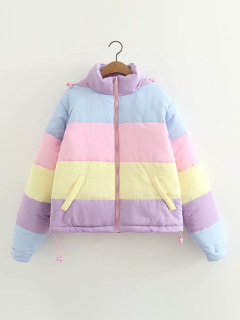 

URBANIC Women Pink & Blue Colourblocked Hooded Padded Jacket
