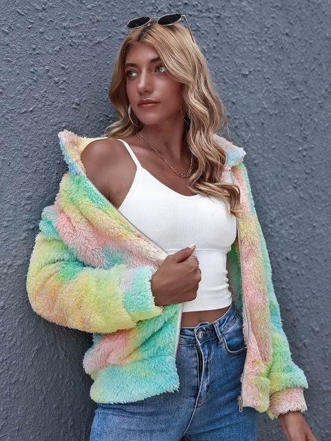 

URBANIC Women Yellow & Blue Tie and Dye Faux Fur Tailored Jacket