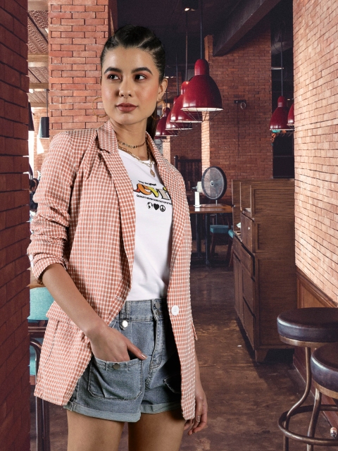 

URBANIC Women Pink & White Checked Single-Breasted Seersucker Casual Blazer