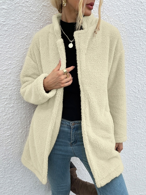 

URBANIC Women Off-White Front-Open Faux Fur Coat