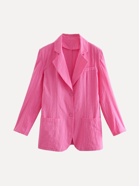 

URBANIC Women Pink Crinkled Cotton Single-Breasted Blazer