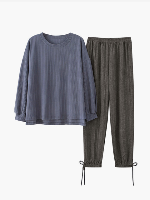 

URBANIC Women Navy Blue & Black Self-Striped Cotton Pyjama Set