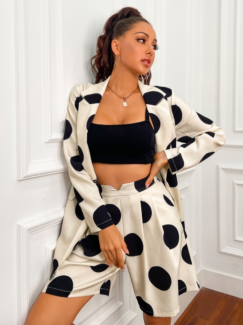 

URBANIC Women White & Black Polka Dots Printed Classic Blazer