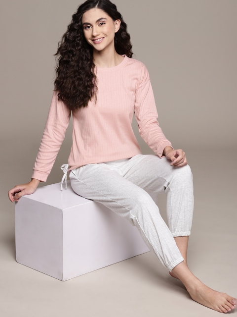 

URBANIC Women Peach-Coloured & Grey Melange Ribbed Cotton Pyjama Set