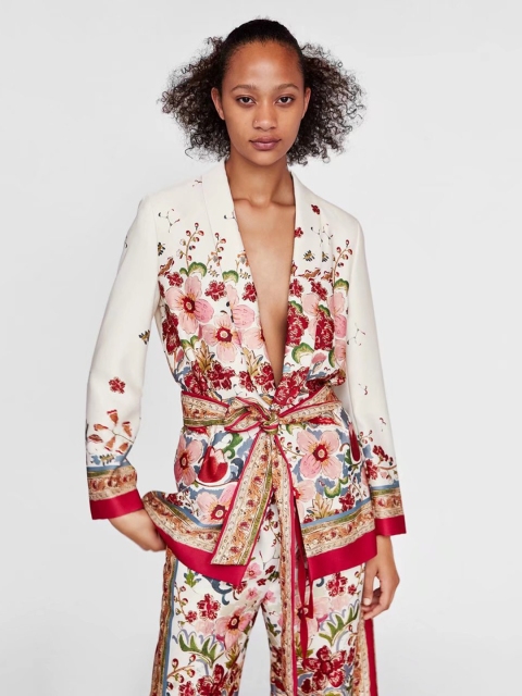 

URBANIC Off-White & Pink Floral Print Longline Front-Open Blazer with Belt