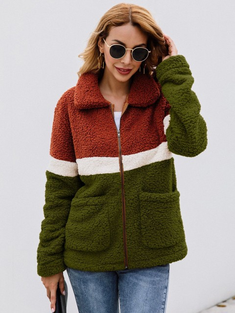 

URBANIC Women Rust Orange & Olive Green Colorblock Pea Coat