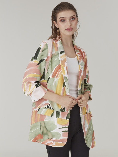 

URBANIC Women Pink & Green Abstract Print Front-Open Casual Blazer