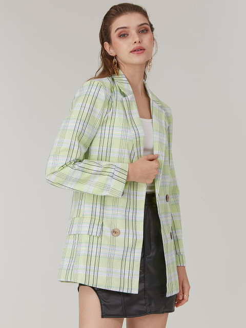 

URBANIC Women Green & White Gingham Checked Double-Breasted Casual Blazer