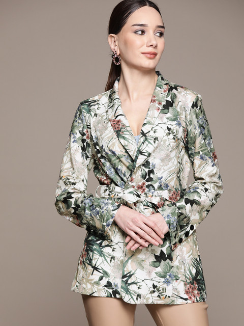 

URBANIC Women Off-White & Green Floral Printed Blazer With Belt