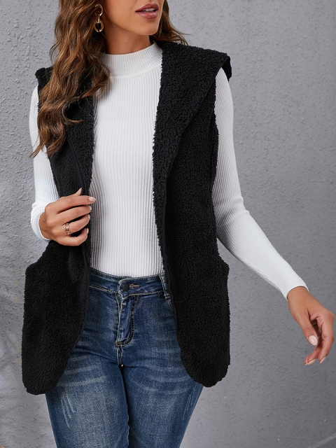 

URBANIC Women Black Sherpa Sleeveless Hooded Tailored Jacket
