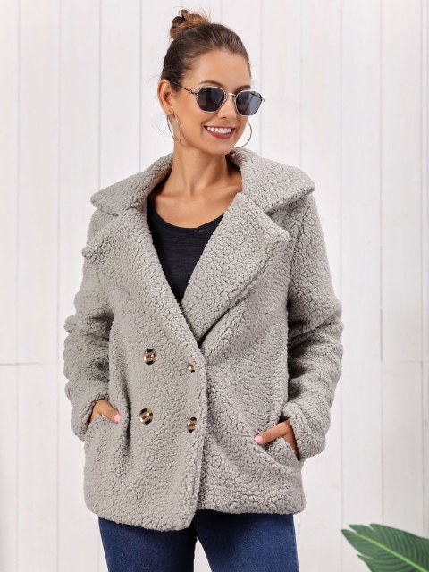 

URBANIC Women Grey Solid Double Breasted Faux Fur Coat