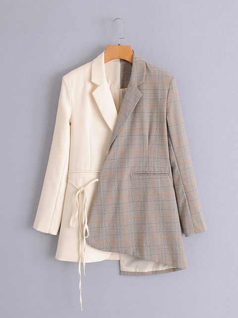 

URBANIC Women Beige & Grey Colourblocked Relaxed Fit Asymmetric Tie-Ups Longline Wrap Coat