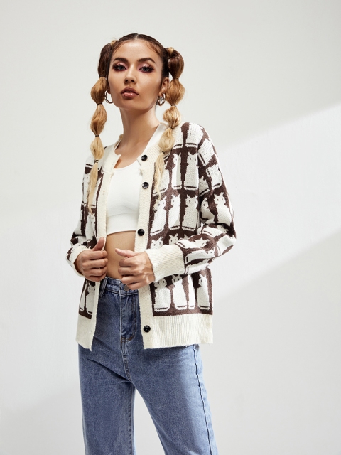 

URBANIC Women Coffee Brown & White Conversational Patterned Relaxed Fit Longline Cardigan