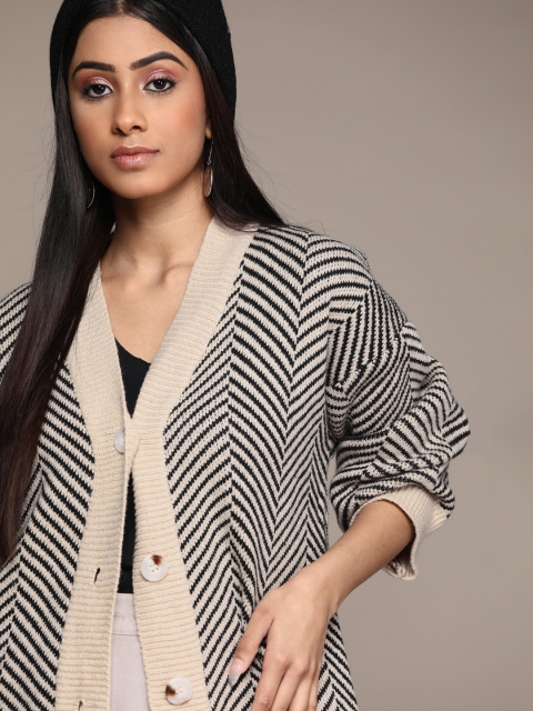 

URBANIC Women Beige & Black Chevron Pattern Cardigan