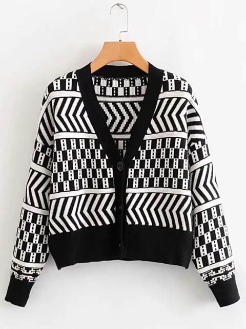 

URBANIC Women Black & White Geometric Patterned Relaxed Fit Cardigan