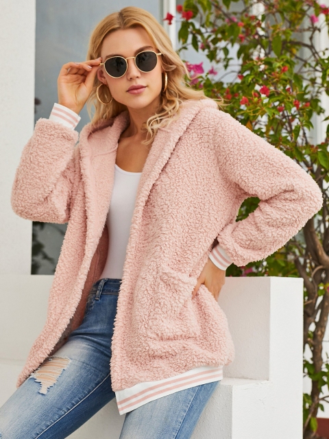 

URBANIC Women Pink Sherpa Hooded Open Front Jacket