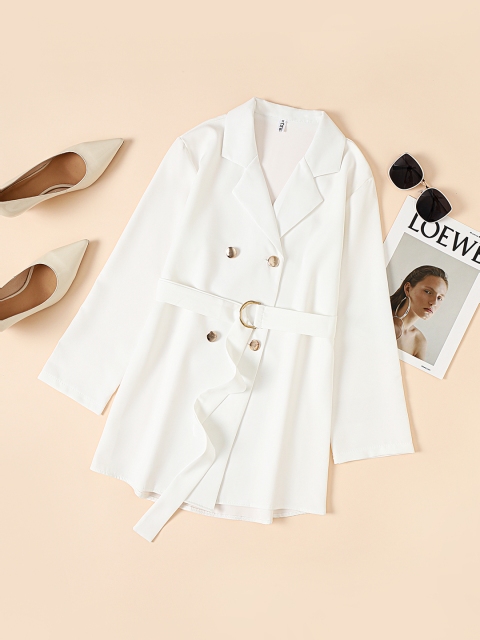 

URBANIC Women White Solid Double-Breasted Belted Casual Blazer