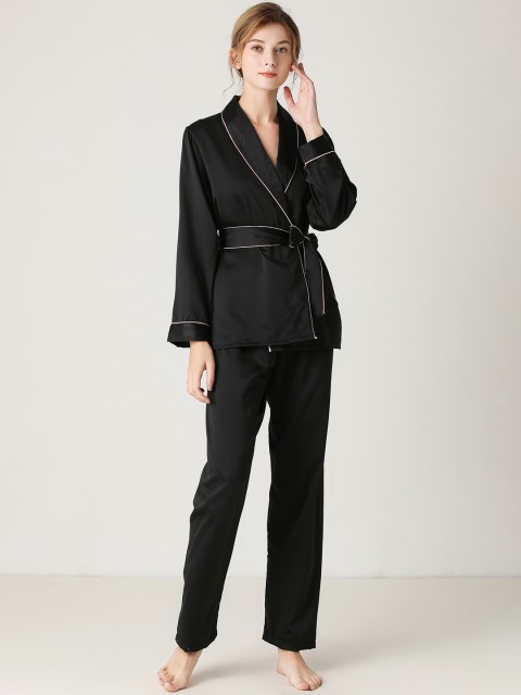 

URBANIC Women Black Satin Finish Pyjama Set with Belt