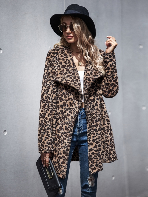 

URBANIC Women Beige & Coffee Brown Animal Print Faux Fur Front-Open Overcoat