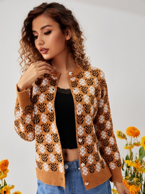 

URBANIC Women Brown & White Patterned Cardigan