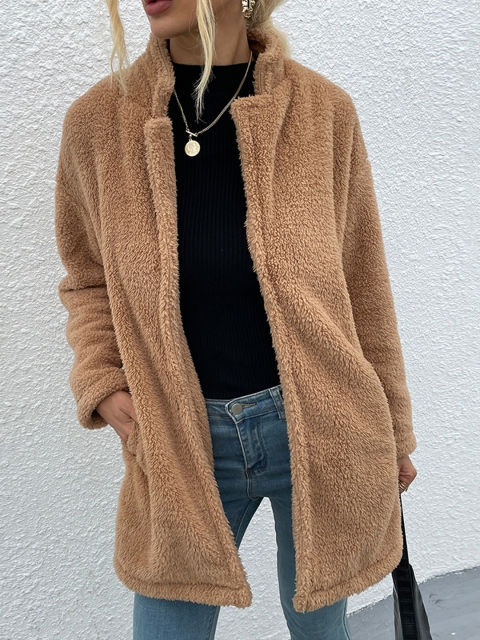 

URBANIC Women Camel Brown Solid Relaxed Fit Faux Fur Font-Open Overcoat