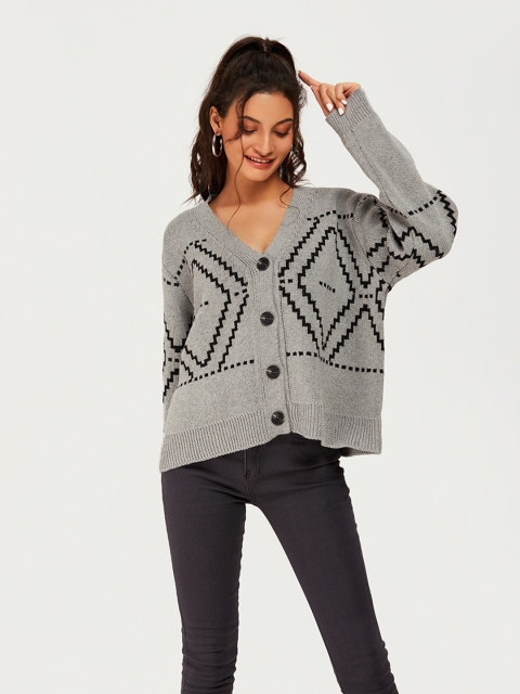 

URBANIC Women Grey & Black Argyle Self-Design Cardigan