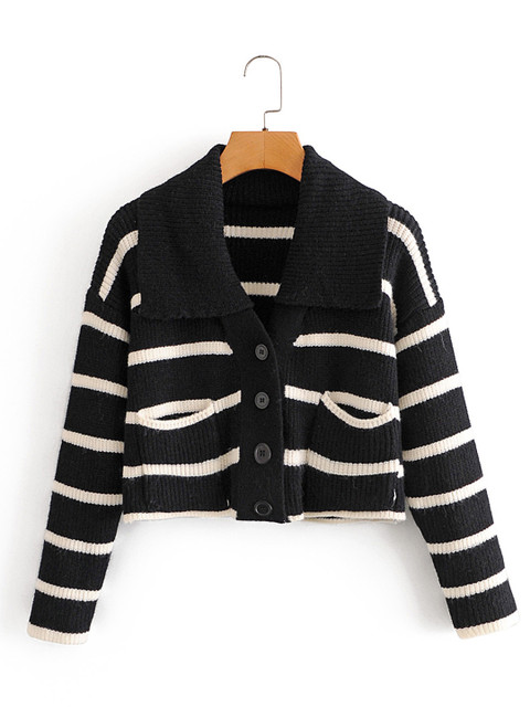 

URBANIC Women Black & Beige Striped Crop Cardigan