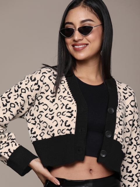 

URBANIC Women Beige & Black Animal Printed Cropped Sweater Coat