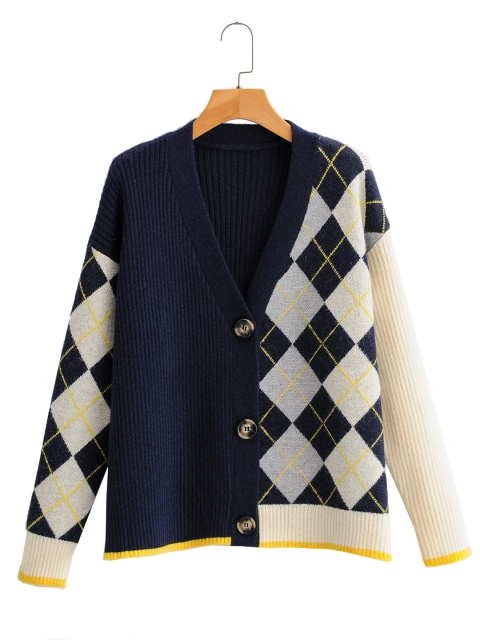 

URBANIC Women Navy Blue & White Argyle Patterned & Ribbed Cardigan
