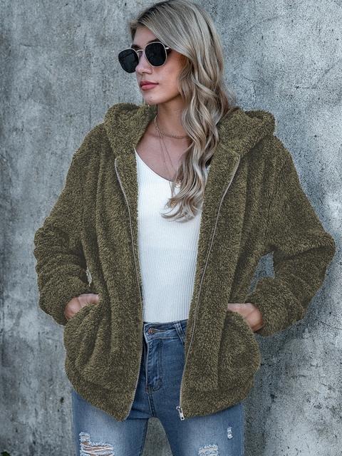 

URBANIC Women Olive Green Sherpa Hooded Tailored Jacket