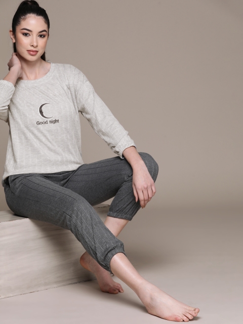 

URBANIC Women Grey Melange & Black Self-Striped Cotton Pyjama Set with Printed Detail