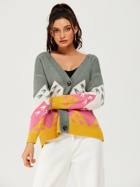 

URBANIC Women Grey Melange & White Colourblocked Cardigan