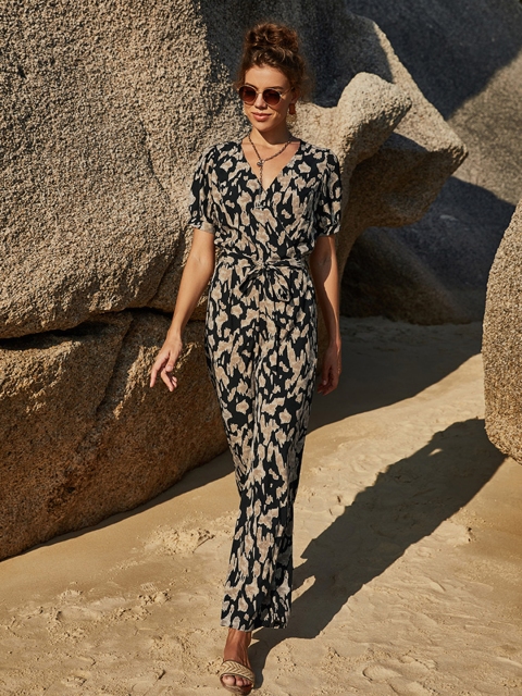 

URBANIC Women Black & Beige Abstract Print Basic Jumpsuit with Belt