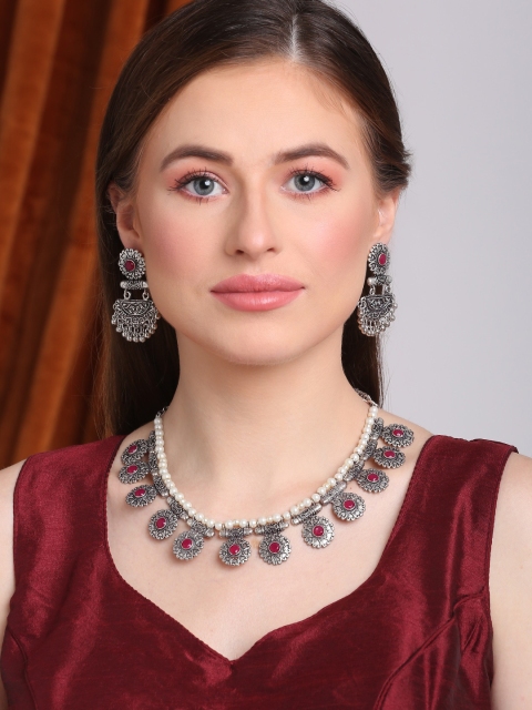 

NEUDIS Woman Silver-Plated Red & White Stone Studded Jewellery Set