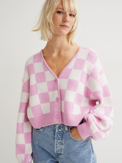 

H&M Women Pink & White Checked Jacquard-Knit Cardigan