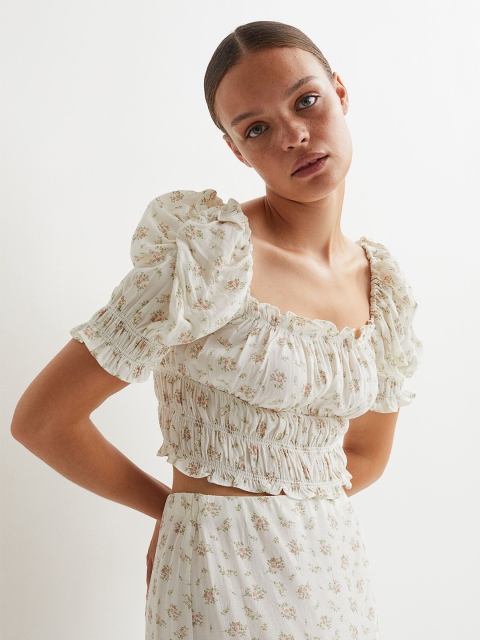 

H&M White & Beige Floral Printed Smocked Blouse Top