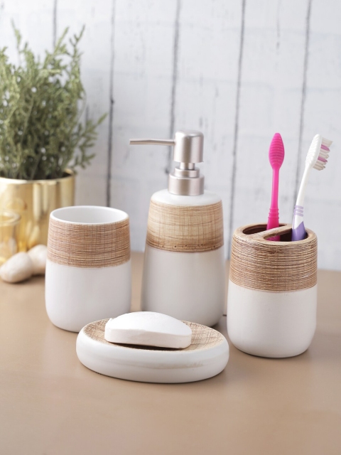 

House Of Accessories Set Of 4 White & Brown Printed Ceramic Bathroom Accessories