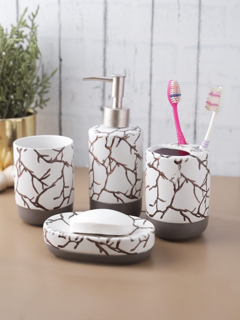 

House Of Accessories Set Of 4 White & Grey Printed Ceramic Bathroom Accessories