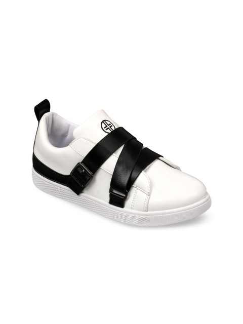 

Lavie Women White & Black Striped Slip-on Sneakers with Buckle Detail