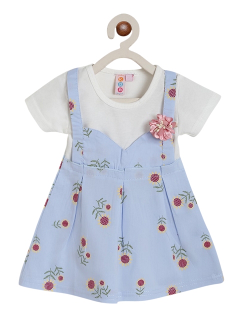 

Kids On Board Girls Blue & White Floral Pure Cotton Pinafore Dress with Applique